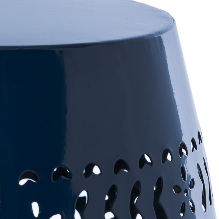 Table D’appoint Interieure Phoenix En Fer De Forme Tonneau 12\", Avec Motif Ajoure, Bleu Marine