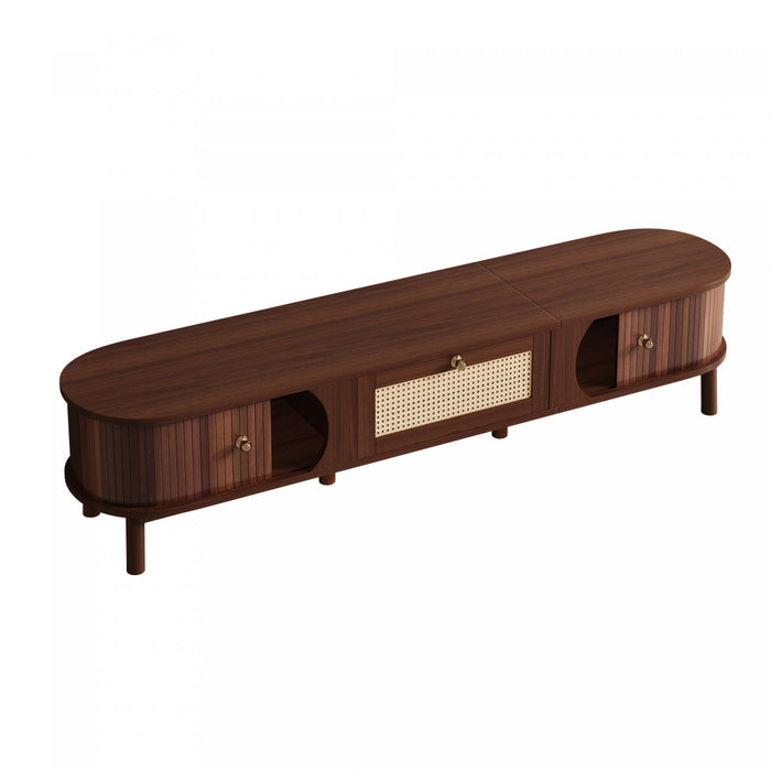 Rustic Meuble TV 67 po avec Portes Coulissantes en Rotin et Tiroirs, Bois