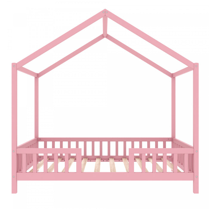 Paul Lit Montessori au sol avec baldaquin et barrieres hautes, Taille Simple, Rose