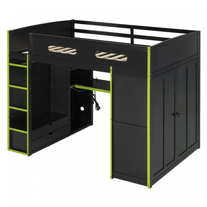 Jerry Lit mezzanine en bois avec bureau et rangement, Taille Double, Vert
