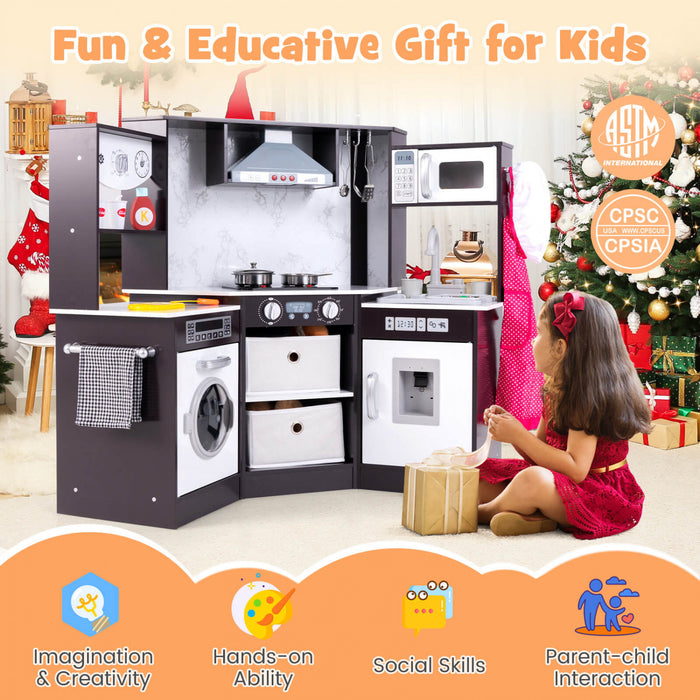 Costway Bois Enfants Jouer Coin Cuisine Avec Des Lumieres Realistes Et Des Sons Eclaires Gamme Capuchon Marron
