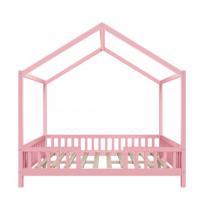 Paul Lit Montessori au sol avec baldaquin et barrieres hautes, Taille Double, Rose