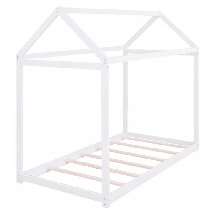 Lit De Maison En Bois Massif Au Design Facile A Nettoyer Avec Cadre De Toit, Taille Simple, Blanc