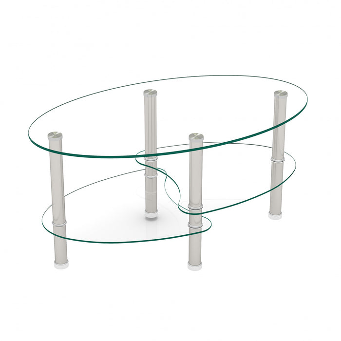Table basse ovale transparente moderne Sophia en verre avec pieds en acier inoxydable, transparente