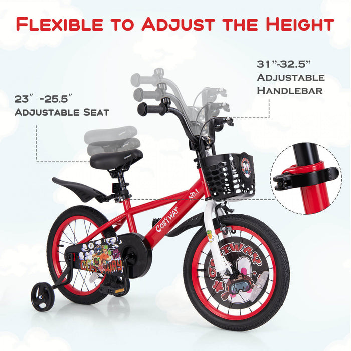 Velo Costway 16\" Pour Enfants Pour 4-7 Avec Frein A Main A Guidon Et A Selle Reglable En Hauteur Rouge