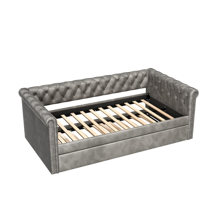Le Daybed Sophia avec design capitonne, revetement en tissu, lit d'appoint avec trundle et dossier confortable, couleur grise