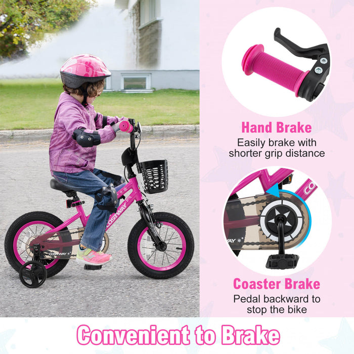 Costway 12\" Velo Pour Enfants Avec Roues D'entrainement Guidon Reglable Et Frein A Main De Siege Rose