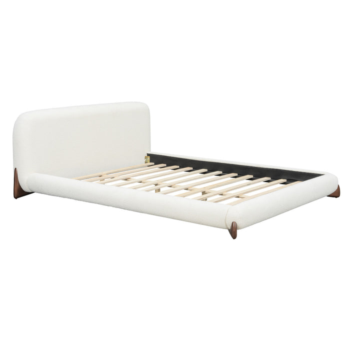 Cadre de lit plateforme Emma a profil bas avec tete de lit courbee et revetement en boucle, taille king, blanc creme