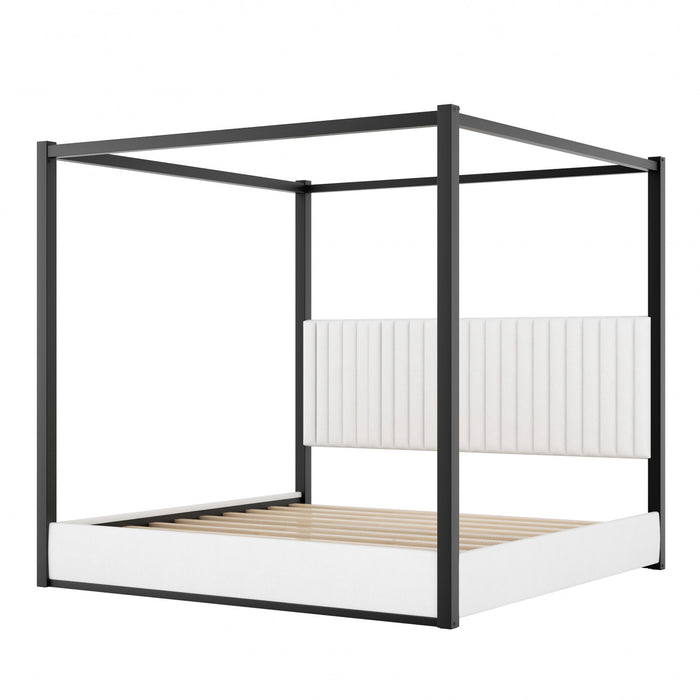 Lit plateforme Sophia a baldaquin avec tete de lit en mousse et velours, taille king, noir