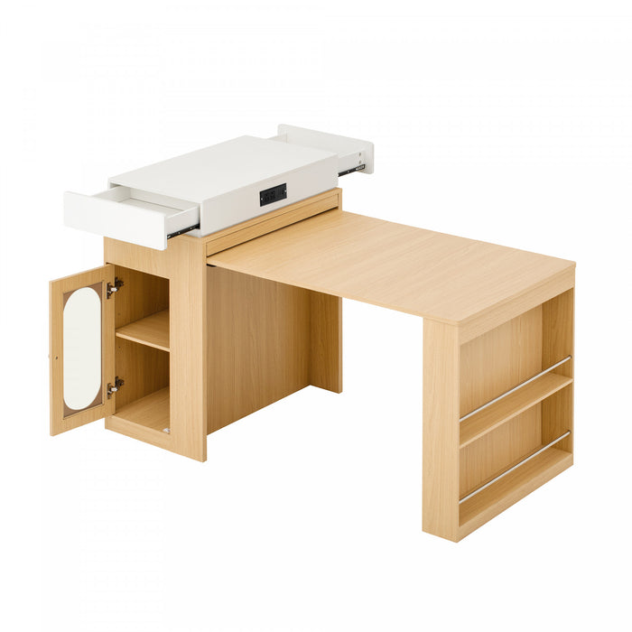 Table a manger extensible Logan avec plateau pliant et tiroirs de rangement, couleur naturelle
