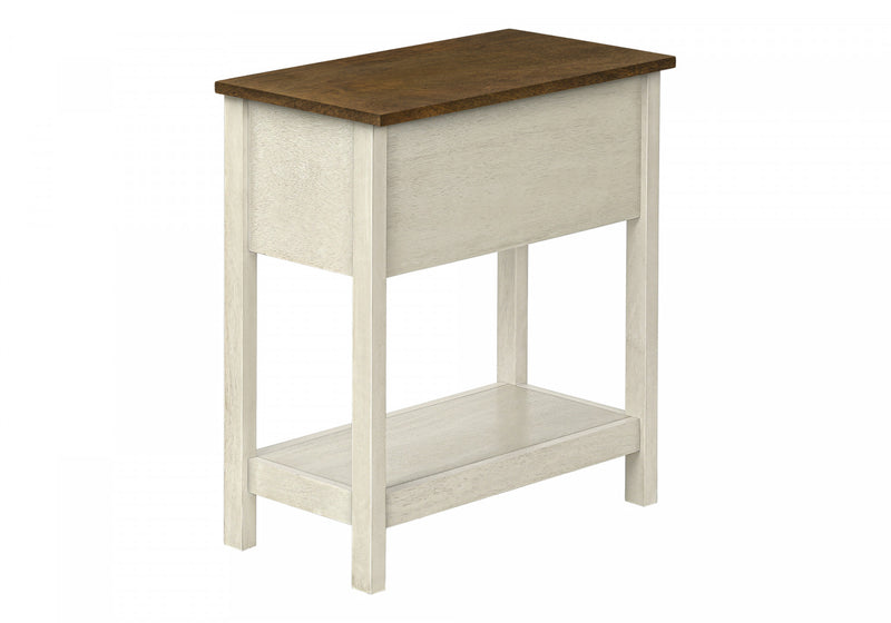 Table de bout et d’appoint étroite de style transitionnel à 2 niveaux, avec tiroir de rangement et placages blanc antique et bruns pour la chambre à coucher