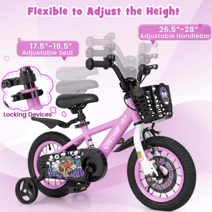 Costway 12\" Velo Pour Enfants Pour 3-4 Avec Guidon Reglable En Hauteur Et Frein A Main En Selle Violet