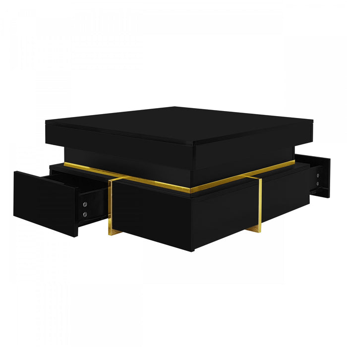 Ava Table Basse a Fini Haute Brillance avec Tiroirs de Rangement et Accents Dores, Noir