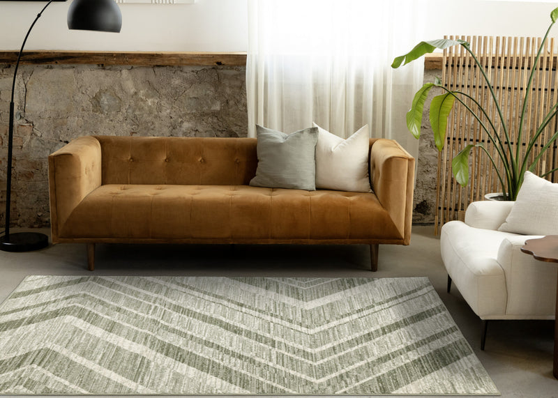 Tapis Florence vert et blanc a motif chevron vieilli, 6'7\" x 9'6\"