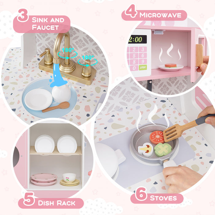 Honeyjoy Jeu De Cuisine Pour Enfants Jeu De Cuisine En Bois Avec Horloge, Micro-ondes, Evier, Plateau Rose