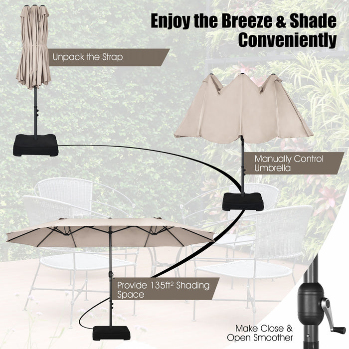 Parasol de patio jumeau double face Costway de 15 pieds, ombrage exterieur, manivelle et base de marche beige