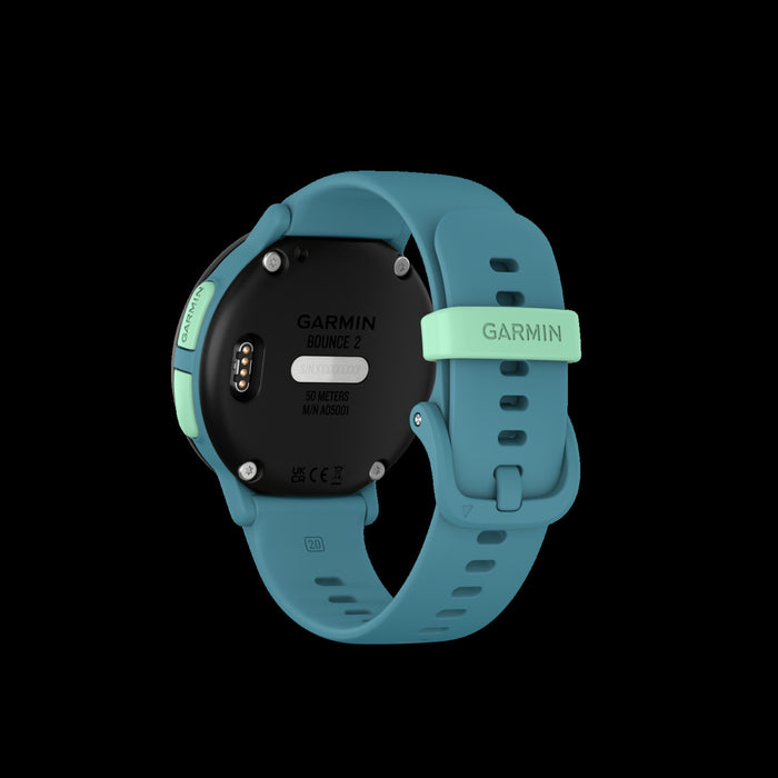 Montre intelligente Garmin Bounce 2 Turquoise pour enfants - Suivi d'activite, communication bidirectionnelle, mises a jour meteo, alarmes chronometre, fonction d'assistance, defis familiaux