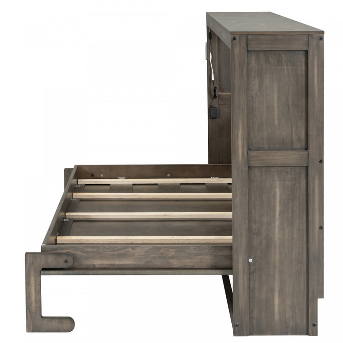 Lit escamotable Olivia en bois massif avec lumiere LED et armoire pliante, taille simple, marron