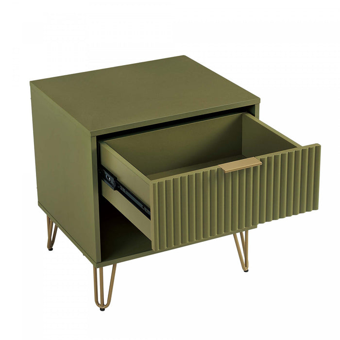 Table de nuit moderne Dumbo 20\" a cannelures en vert olive (1 tiroir)