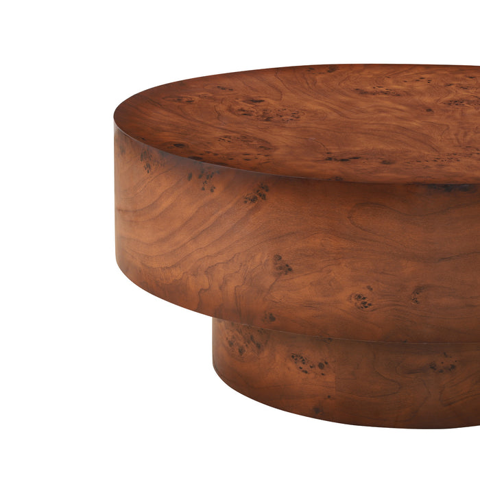Table basse ronde moderne Sage 31,5 pouces avec finition placage bois et base cylindrique, brun