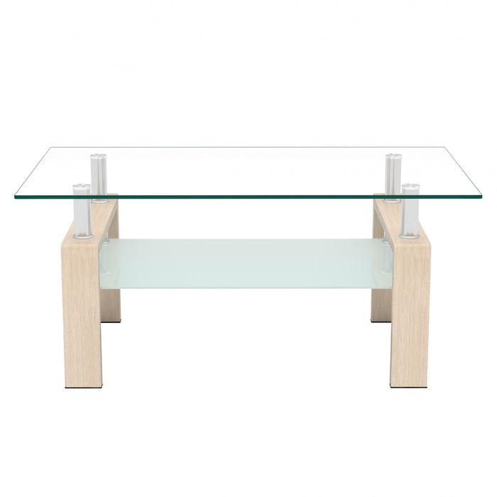 Table basse moderne rectangulaire en verre trempe transparent Liam, finition chene