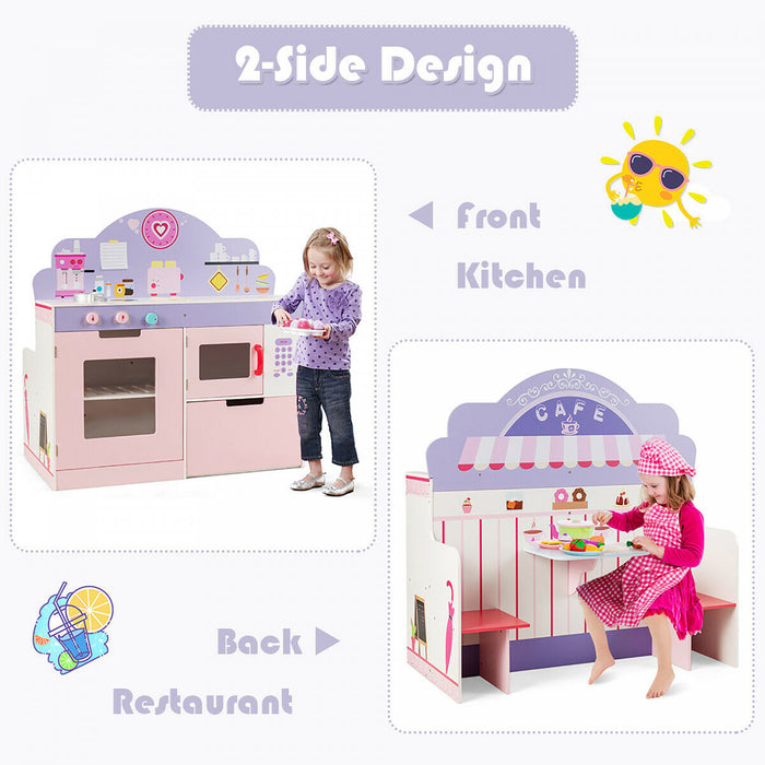 Cuisine Enfants Avec Restaurant En Bois 2 En 1, Jeu D’imitation Educative Avec Salle A Manger, Cuisine Evolutive Avec Four Et Micro-ondes, Ideal Pour Enfants De Plus De 3 Ans