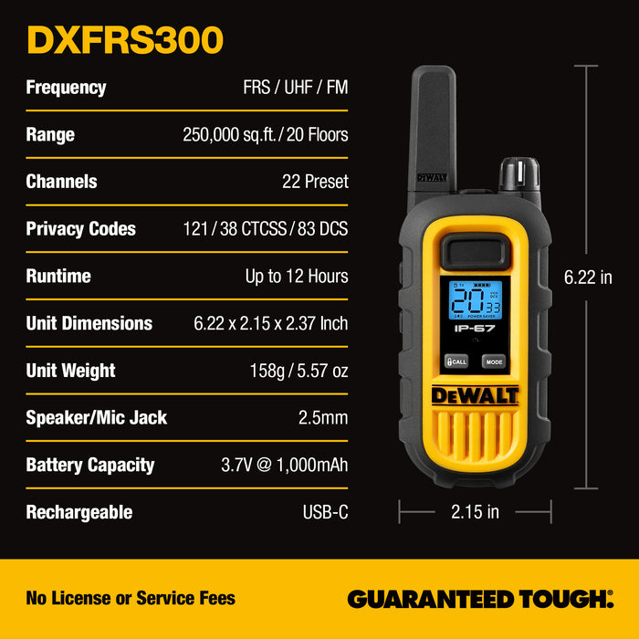 6 Talkies de chantier Dewalt DXFRS300 - 1 Watt, robuste, longue portée, radios bidirectionnelles intérieures-extérieures + 22 canaux