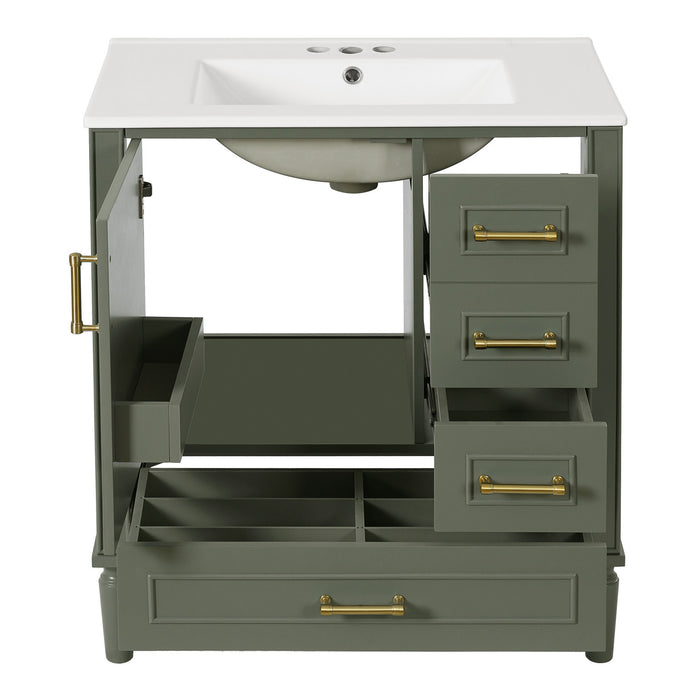 Emerson Meuble de salle de bain 30 pouces avec vasque en ceramique et trois tiroirs, Vert olive