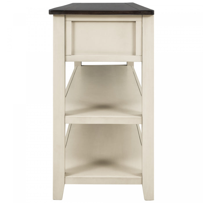 Console Wendy En Bois Massif Avec 3 Tiroirs Et 2 Etageres Ouvertes, Beige