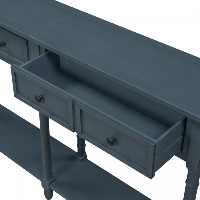 Table Console Phyllis En Bois Massif Avec Tiroirs Et Etagere Inferieure - Bleu Marine Antique