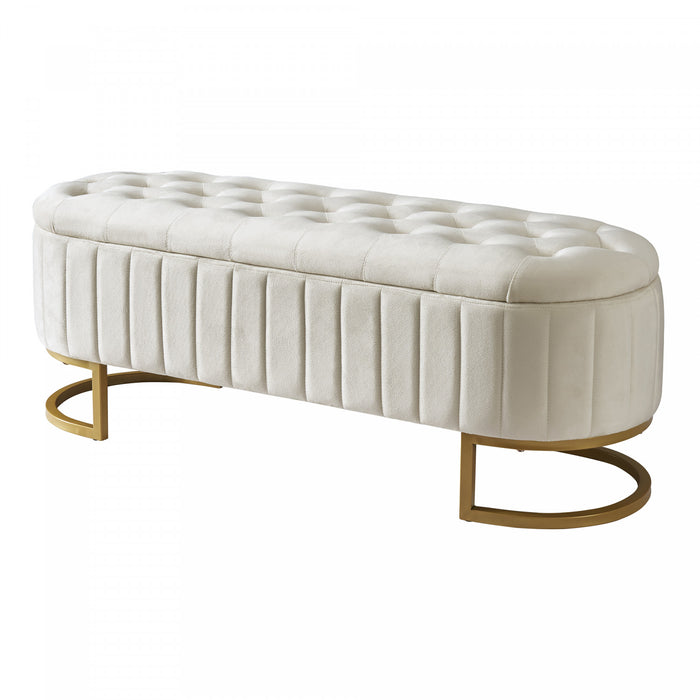 Banc de rangement elegant Amelia en velours capitonne avec pieds en metal, beige
