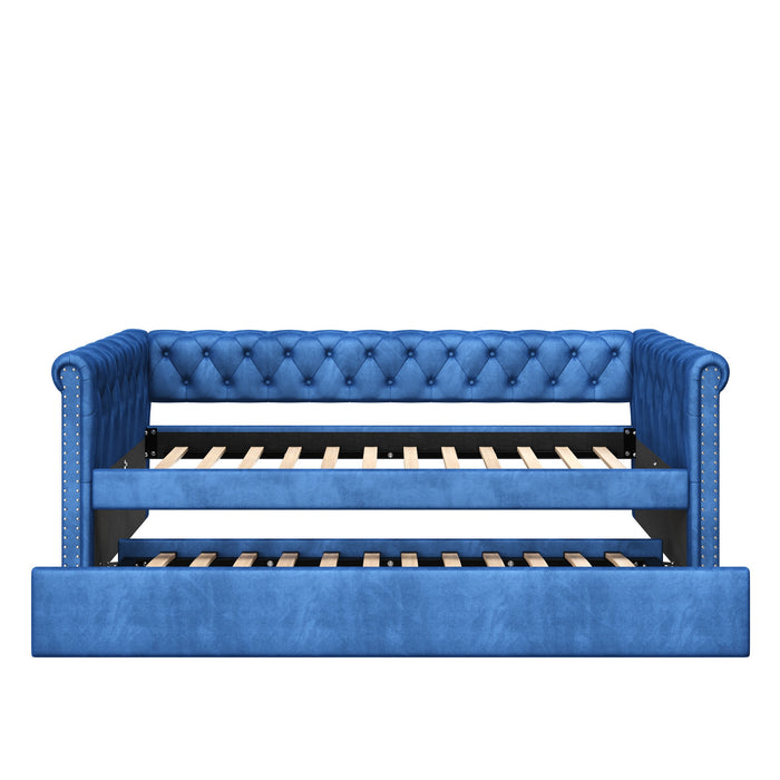 Le Daybed Sophia avec design capitonne, revetement en tissu, lit d'appoint avec trundle et dossier confortable, couleur bleue