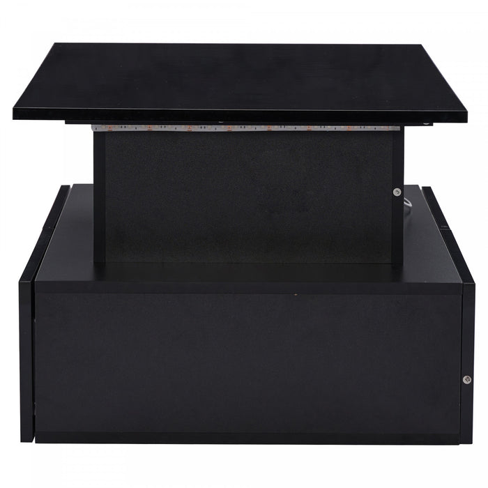 Ethan table basse relevable – table avec eclairage LED et tiroirs de rangement, noir