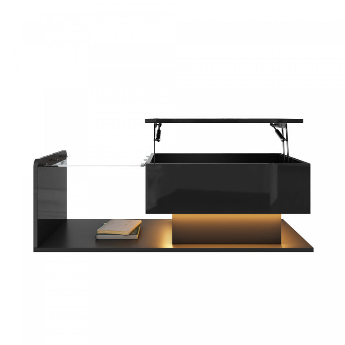 Table Basse Moderne Jonson A Plateau Relevable Avec Eclairage Led, Noir Laque Brillant