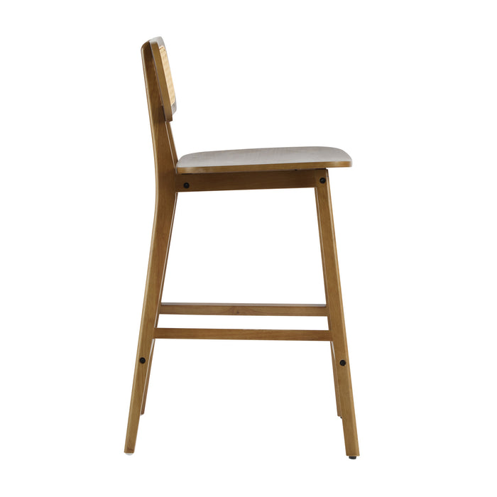 Bari – Lot de 4 tabourets de comptoir en bois d’hevea avec dossier en rotin et repose-pieds, finition noyer