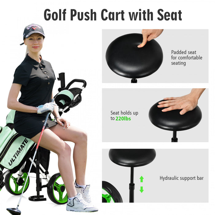 Goplus Pliant 3 Roues Golf Push Cart W/seat Tableau De Bord Poignee Reglable Vert