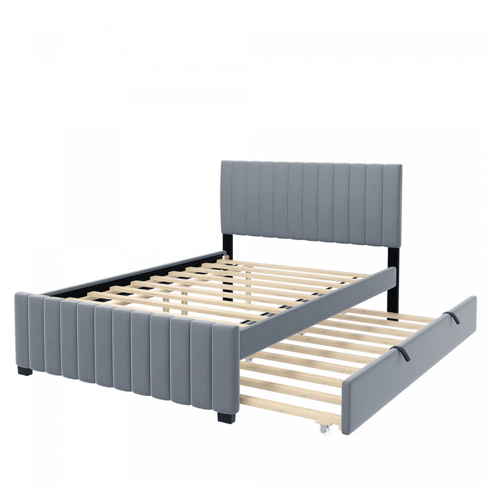 Lit plateforme Ethan rembourre en velours, gain de place, avec tiroir gigogne, taille full, gris