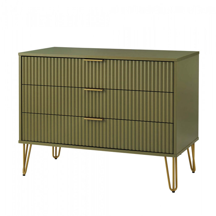 Commode moderne Dumbo 35\" a cannelures, vert olive (3 tiroirs)
