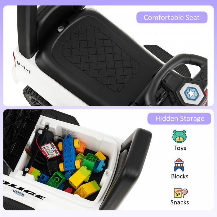 Costway 2-en-1 6v Enfants Rouler Sur La Voiture De Police Enfant Pousser Voiture W / Megaphone & Sirene Blanche