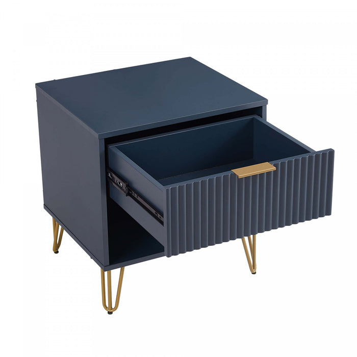 Table de nuit moderne Dumbo 20\" a cannelures en bleu minuit (1 tiroir) - Lot de 2