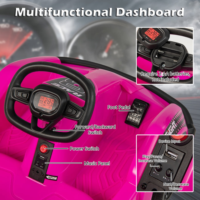 Costway 6v Batterie Alimentee Go Kart Enfants Rouler Sur 4 Roues Racer Rc W / Pare-chocs & Musique Rose