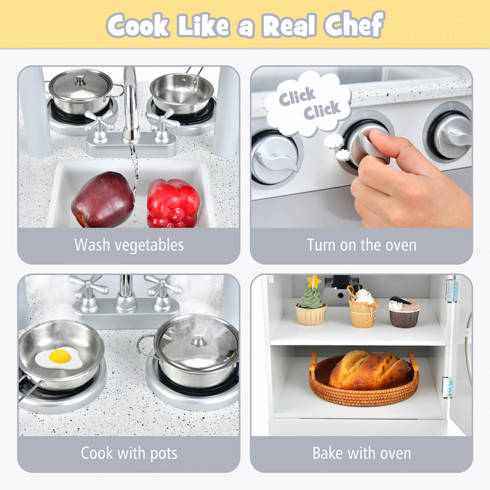 Jeu De Cuisine Pour Enfants Double-face, Ensemble De Jeu De Role 2-en-1 Avec Accessoires, Cuisiniere Et Evier, Distributeur De Glace, Jeu De Cuisine En Bois Pour Role-play, Pour Garcons Et Filles De 3 Ans Et Plus, Blanc