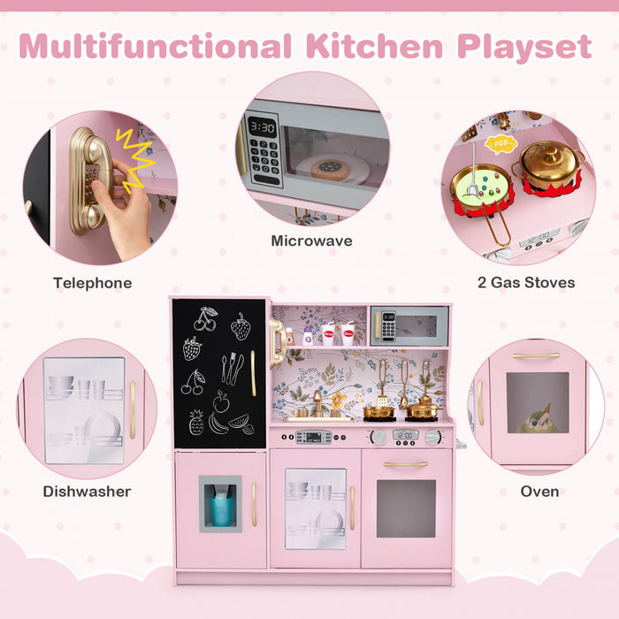 Costway Kid's Pretend Play Kitchen Toddler Kitchen Playset Avec Blackboard Rose Clair