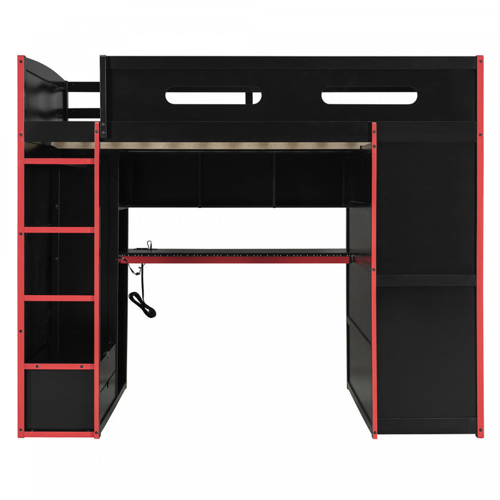 Jerry Lit mezzanine en bois avec bureau et rangement, Taille Double, Rouge