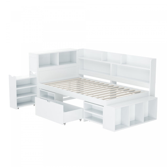 Banquette-lit multifonction Ethan avec rangement integre, tiroirs et bibliotheque, taille simple, blanc
