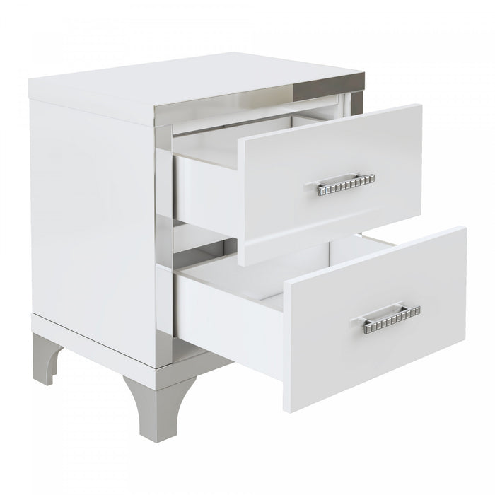 Sophia table de chevet laquee brillante avec 2 tiroirs et poignees en metal, blanc