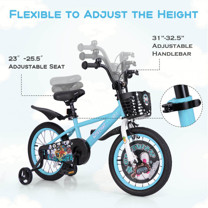 Velo Pour Enfants 16\" Pour 4-7 Avec Guidon Reglable En Hauteur Et Frein A Main En Selle Bleu