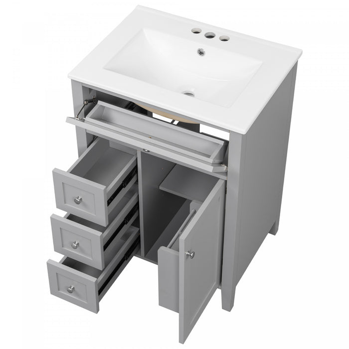 Scott Meuble-lavabo de 24\" avec vasque en ceramique et pieds en bois caoutchouc, Gris