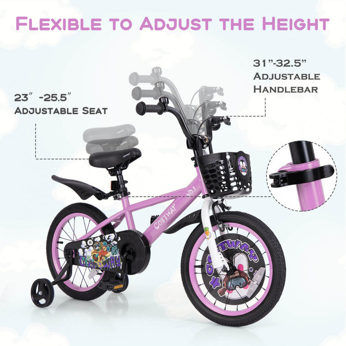 Costway 16\" Velo Pour Enfants Pour 4-7 Avec Guidon Reglable En Hauteur Et Frein A Main En Selle Violet