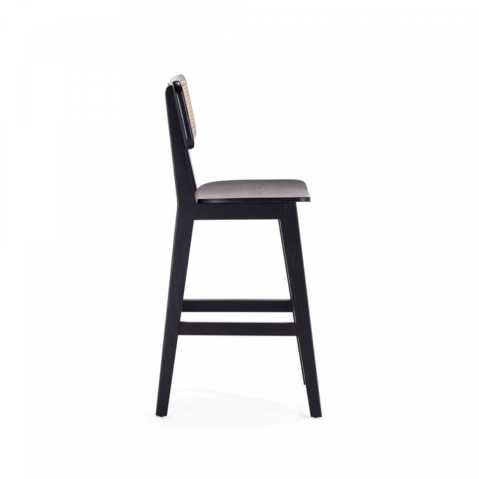 Tabouret de comptoir industriel chic Versailles avec dossier en cannage, bois noir et naturel - Lot de 2